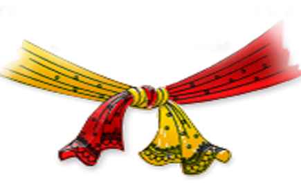 A vibrant red and yellow decorative ribbon bow with intricate patterns and tassels, set against a transparent background.
