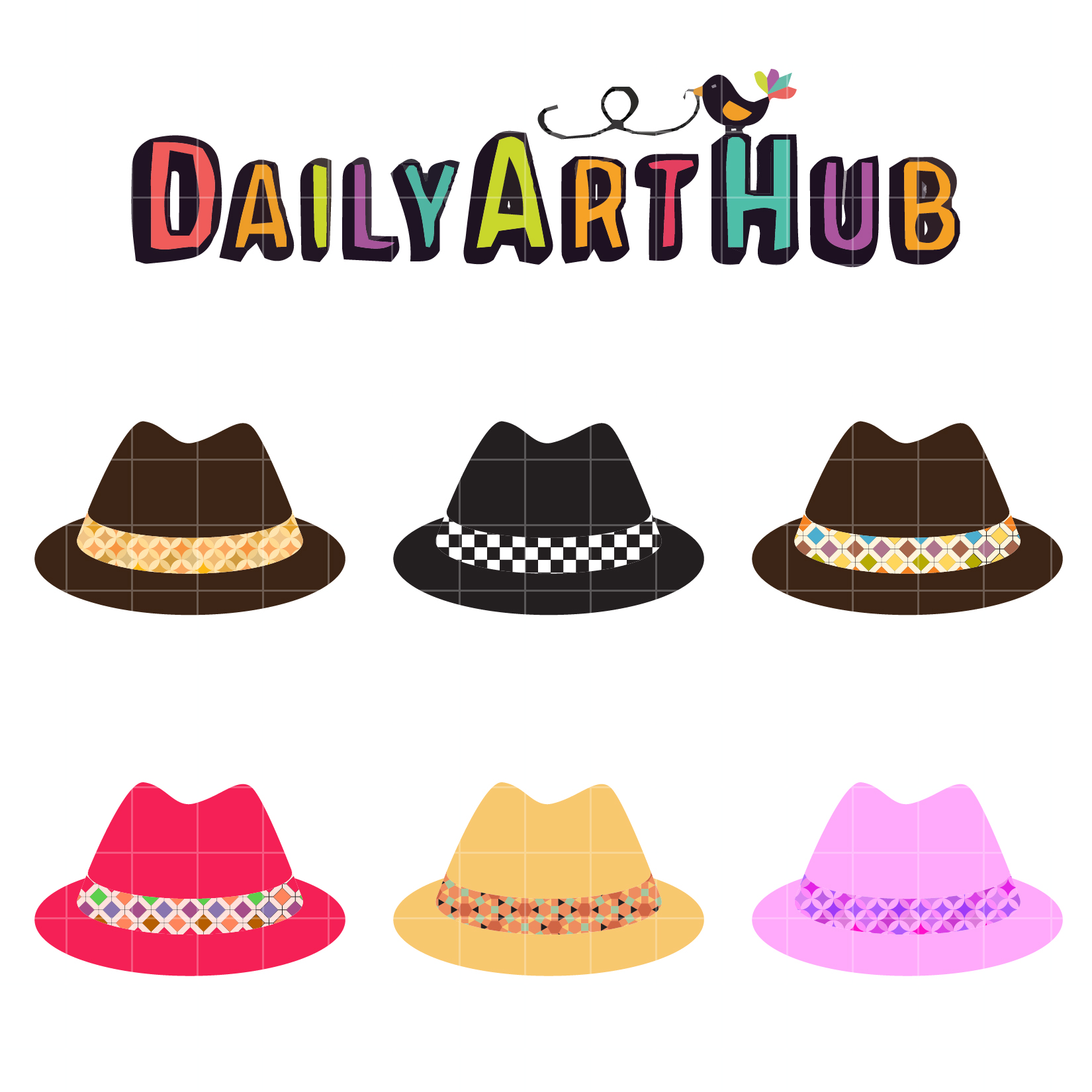 Colorful fedora hats with patterned bands and "DailyArtHub" logo featuring a bird on top.