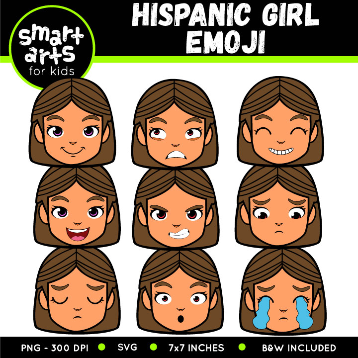 Hispanic girl emoji set showing nine facial expressions: happy, angry, smiling, laughing, annoyed, worried, sleepy, surprised, crying.