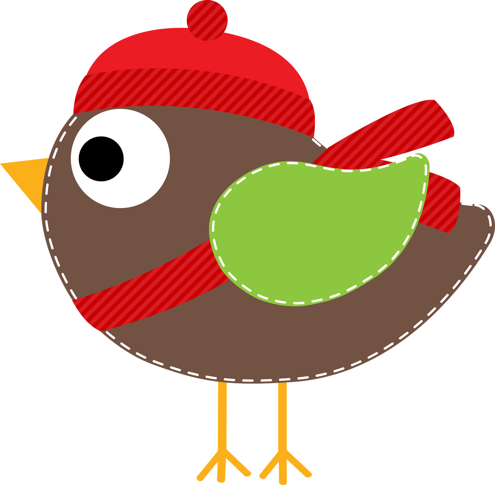 Cute cartoon bird wearing a red striped winter hat and scarf, with green wing patch and orange beak and legs.