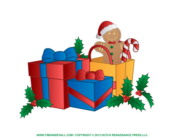Festive Christmas scene with gingerbread man in gift bag, wrapped presents, holly, and candy cane.
