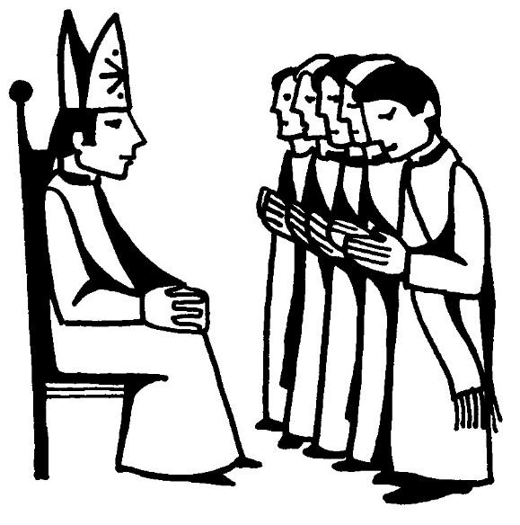 A bishop in mitre and vestments sits on a chair, facing four kneeling clergy with hands clasped in prayer or supplication.
