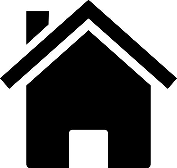 Simple black silhouette of a house with a gabled roof, chimney, and doorway on white background.