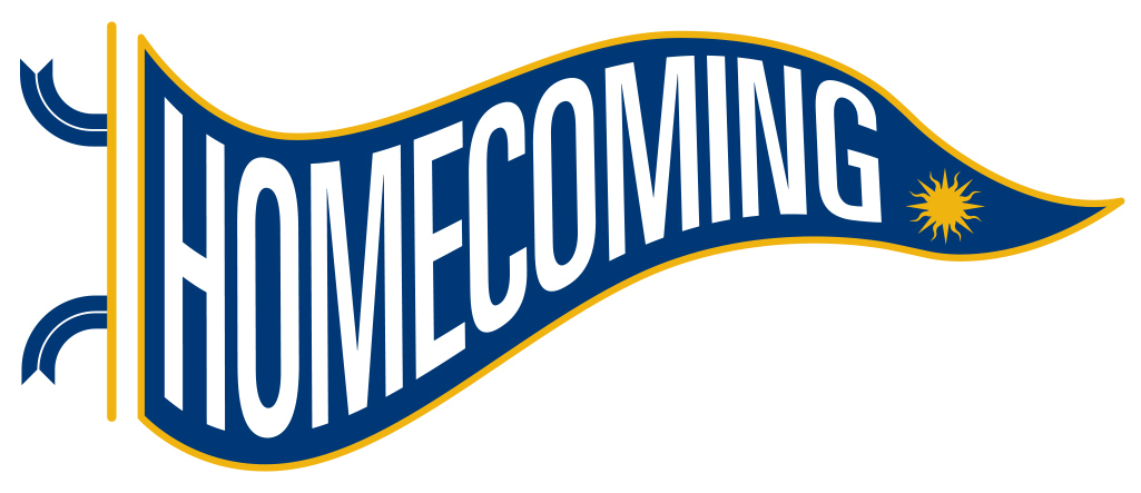 Blue and gold waving pennant banner with "HOMECOMING" in white text and a sun emblem.