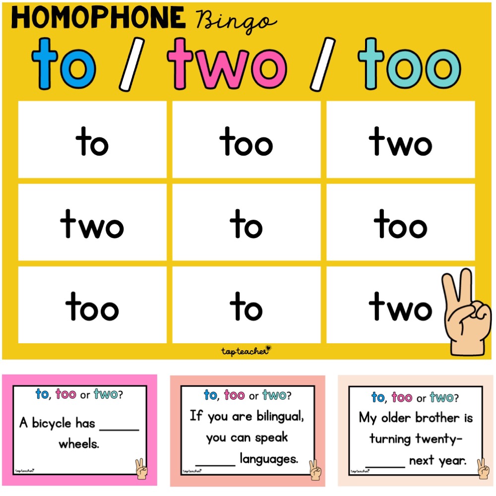 Homophone Bingo Game: Teach “to”, “two”, and “too” with Fun Activities