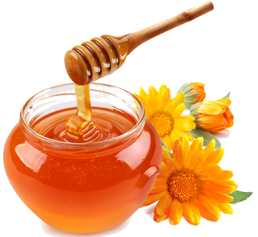Golden honey dripping from a wooden dipper into a glass jar beside fresh calendula flowers.