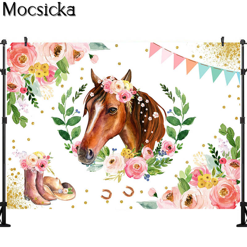 Watercolor horse with floral crown, cowboy boots, horseshoes, and pastel bunting on white background with gold glitter accents.