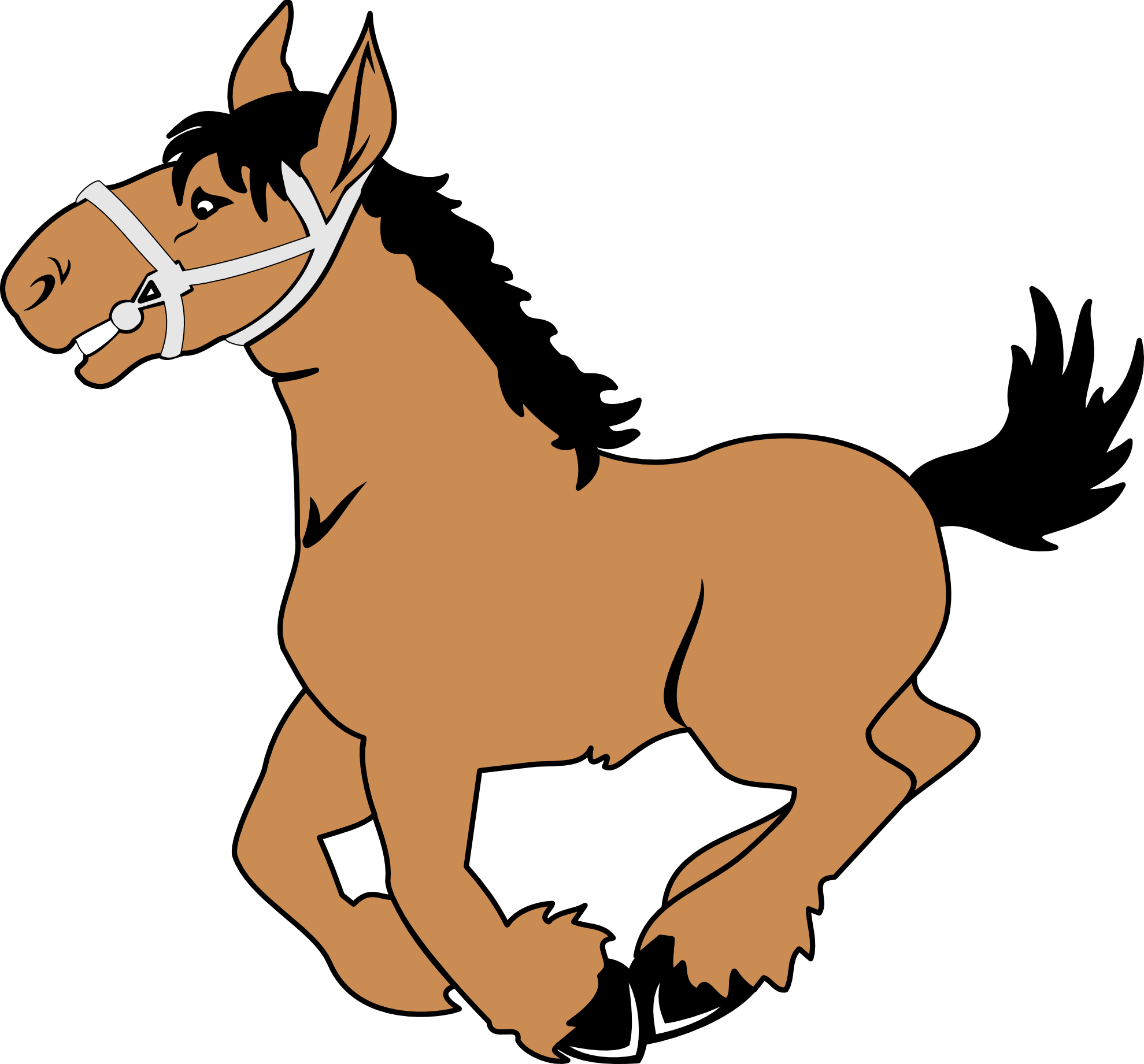 Cartoon brown horse with black mane and tail, wearing a white halter, galloping energetically.