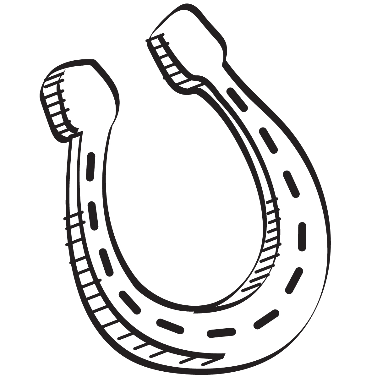 Black-and-white line drawing of a U-shaped horseshoe with nail holes and textured edges.