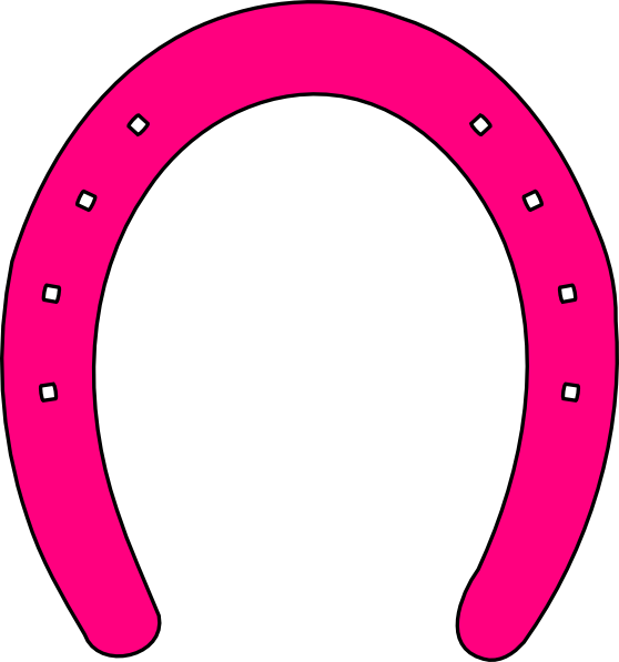 Bright pink horseshoe with white nail holes, outlined in black, on a white background.