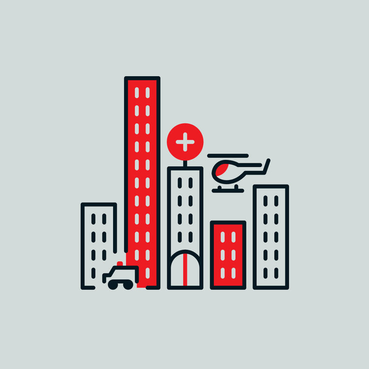 Cityscape with hospital building, ambulance, helicopter, and medical cross symbol indicating urban healthcare services.
