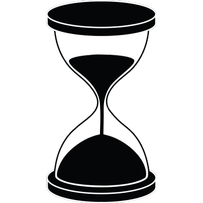 Black and white hourglass icon showing sand flowing from top to bottom chamber.