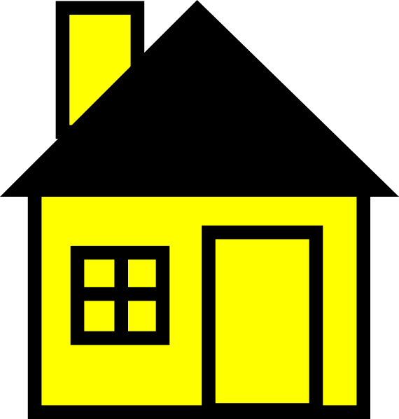 Simple black-and-yellow cartoon-style house with chimney, window, and door.