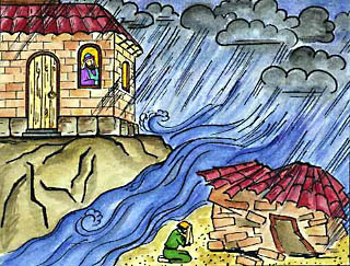 A stormy scene with a sturdy brick house on high ground and a fragile hut collapsing under floodwaters, symbolizing resilience vs vulnerability.