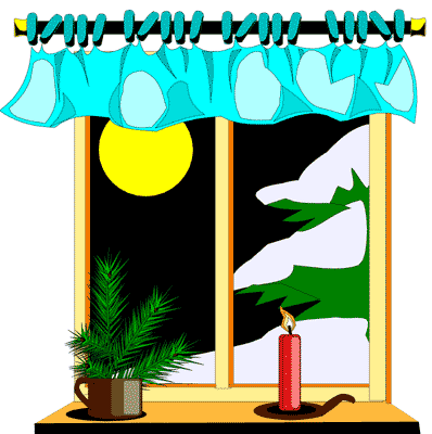 A cozy indoor window scene with a lit red candle, potted pine, and snowy night outside under a yellow moon and blue valance.