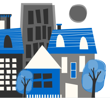 Stylized illustration of a quiet neighborhood with blue-roofed houses, gray buildings, leafless trees, and a moon overhead.