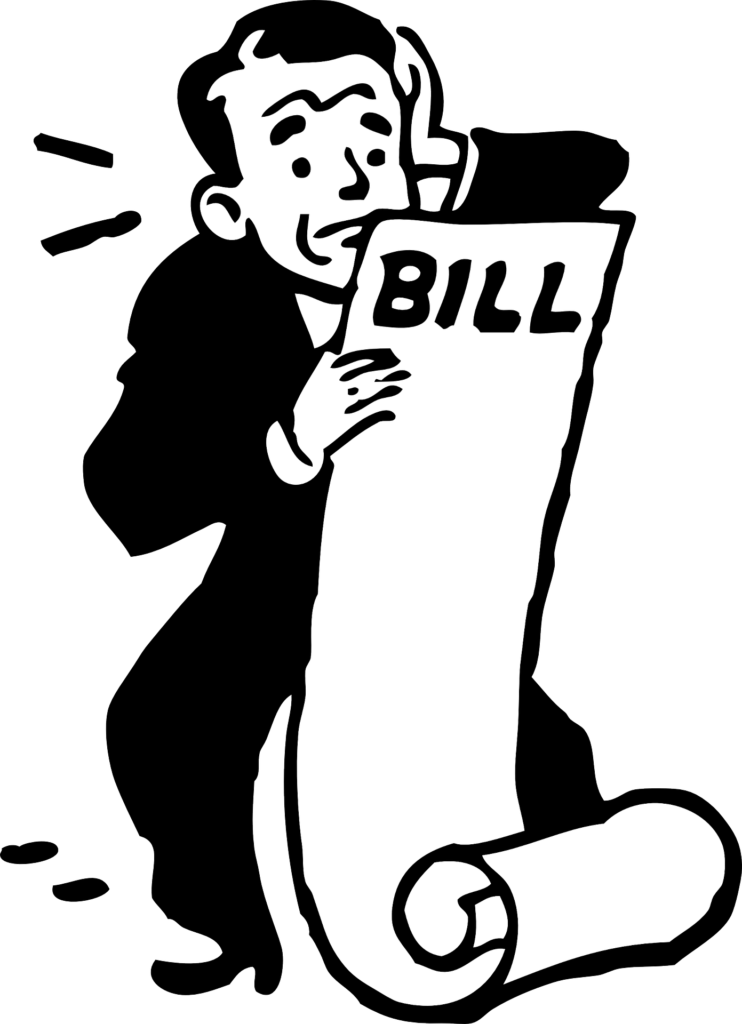 A startled man in a suit holds a giant scroll labeled "BILL", sweating and recoiling in shock.
