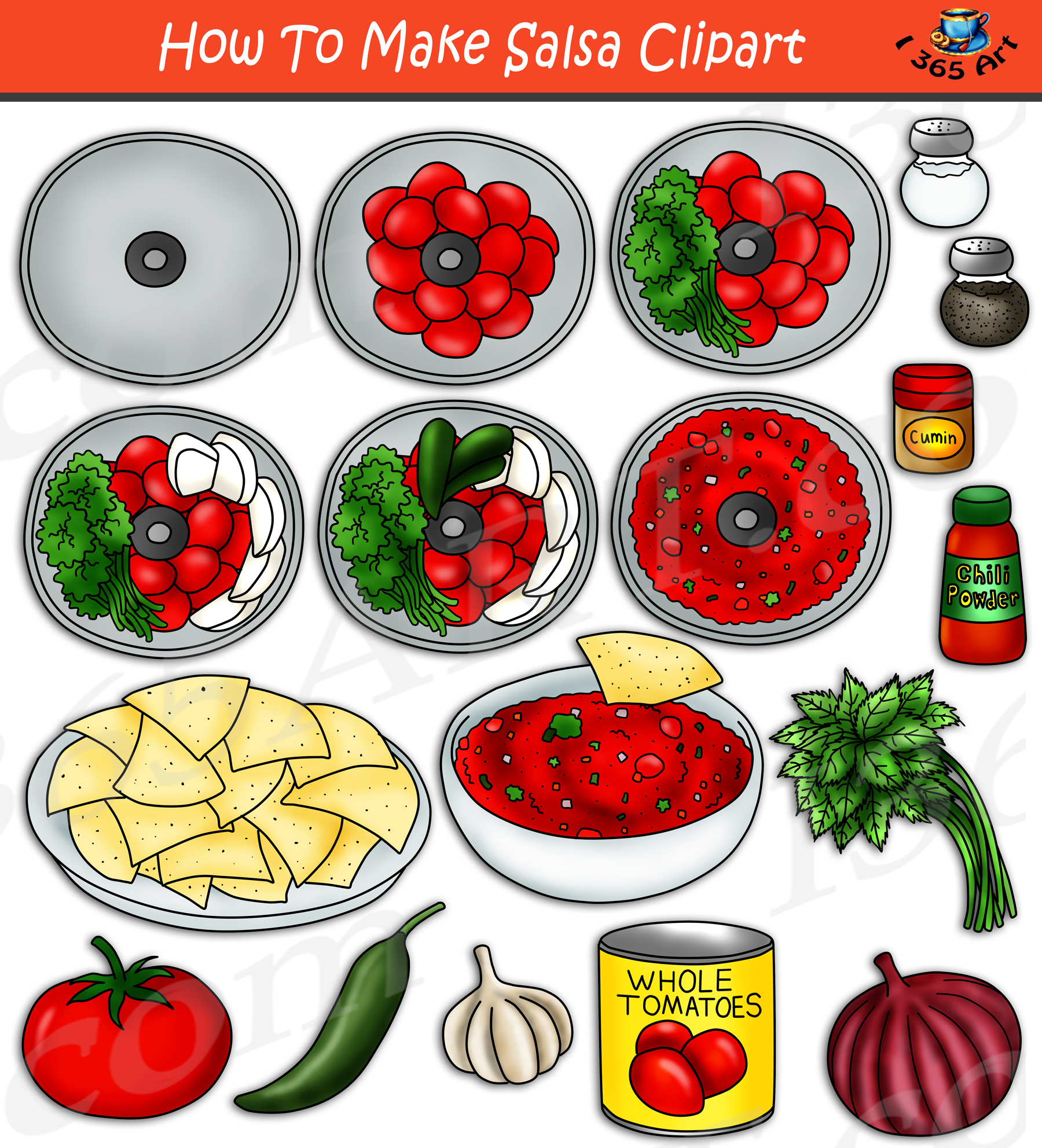Step-by-step illustrated clipart showing how to make salsa with ingredients and preparation stages.