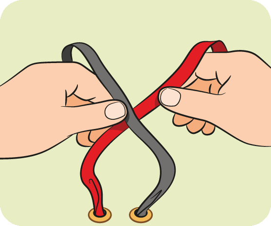 Two hands tying a red and gray ribbon together in a knot, symbolizing unity or partnership.