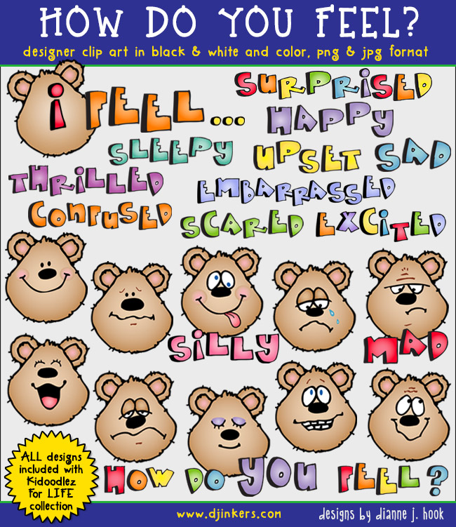Colorful bear-themed clip art illustrating various emotions like happy, sad, surprised, and excited for educational use.