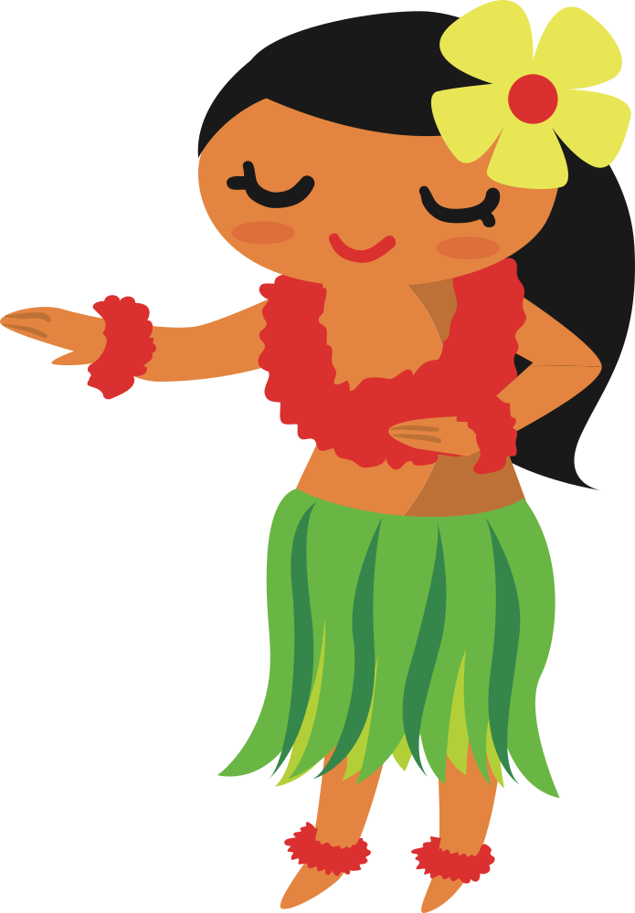 Smiling cartoon hula dancer in green grass skirt, red lei, and yellow flower in hair.