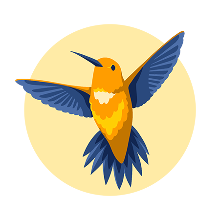 Vibrant orange and blue hummingbird in mid-flight with wings spread against a pale yellow background.