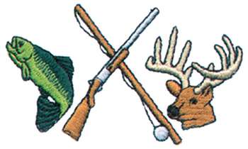 Embroidered icon set featuring a green fish, crossed rifles, and a deer head with antlers.