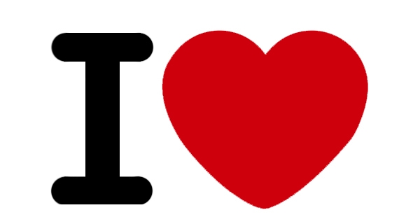 Black uppercase "I" followed by a bold red heart symbol on white background, representing "I love" sentiment.