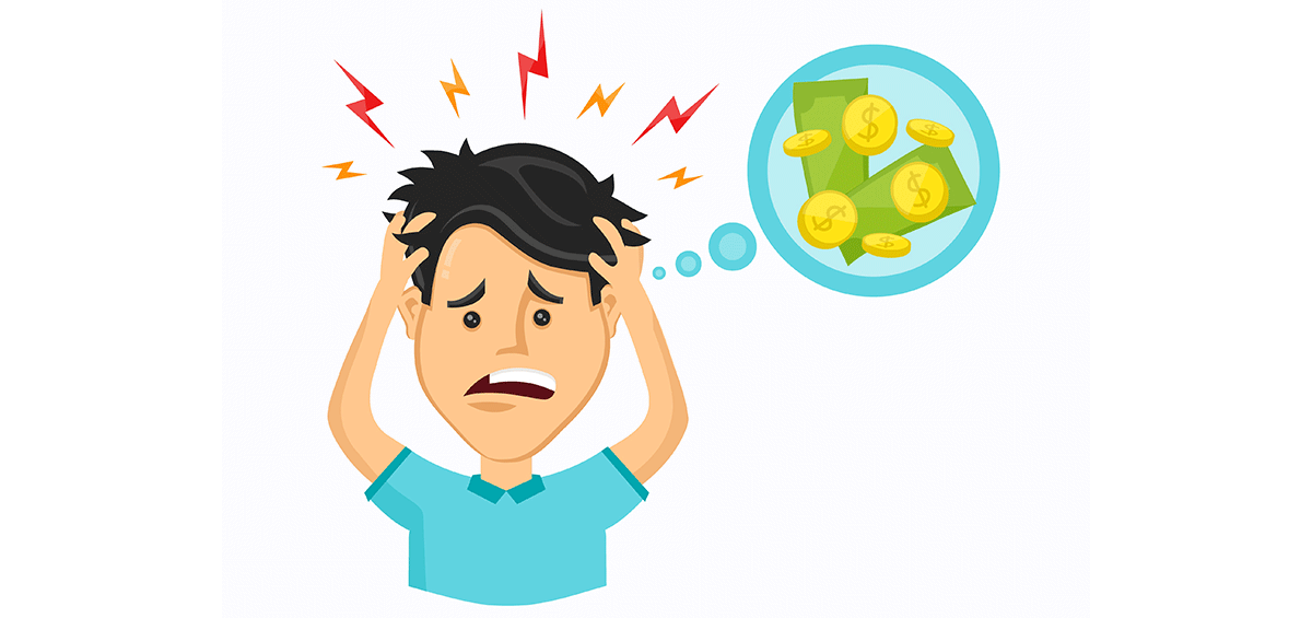 Stressed man holding head with lightning bolts above, thinking about money (coins and bills) in a thought bubble.