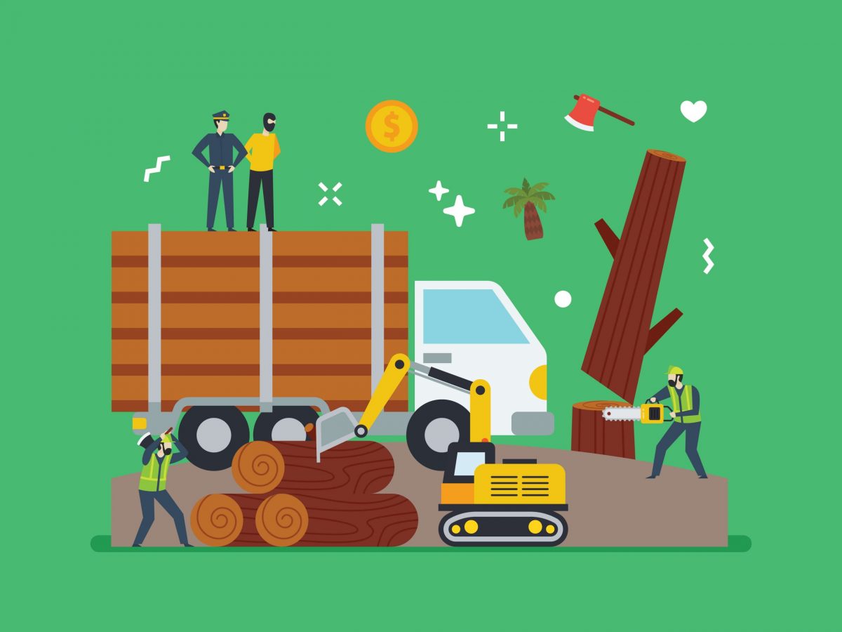 Logging operation with workers, machinery, truck loaded with logs, and symbolic elements like money, axe, and palm tree.