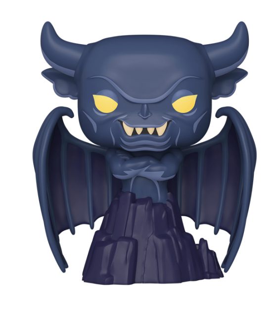 Funko Pop-style figurine of a dark blue horned demon with yellow eyes, bat wings, and fanged grin, perched on a rocky base.
