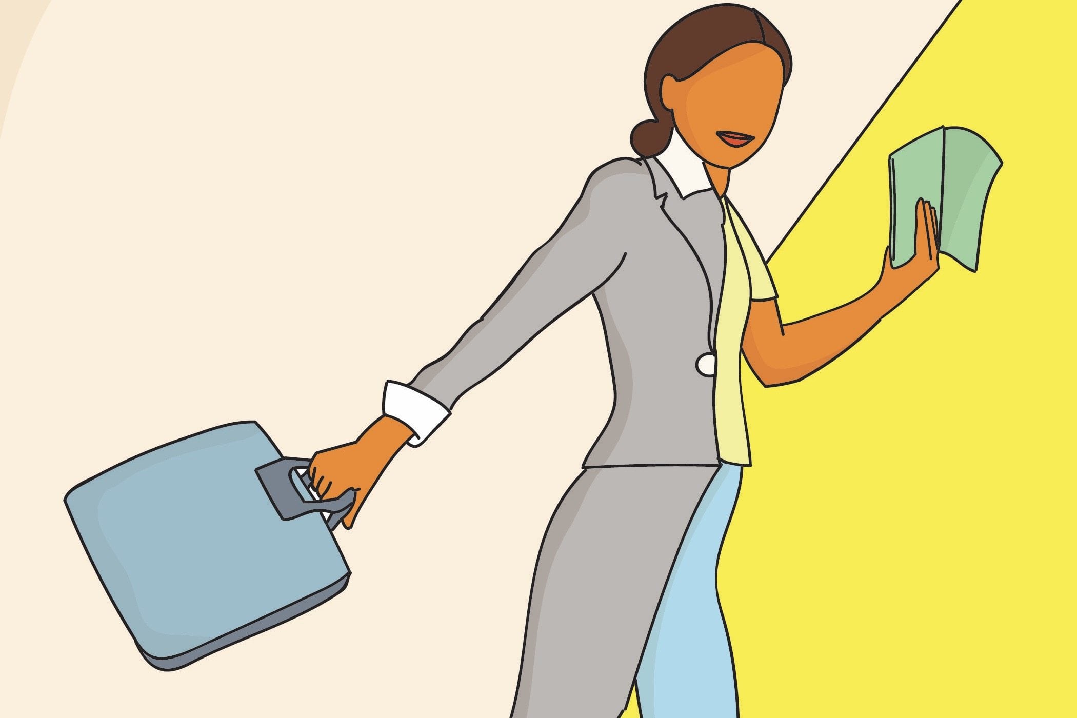 Professional woman in business attire holding a briefcase and cash, walking confidently.
