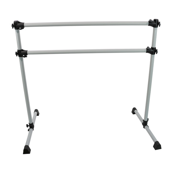 Portable double-height aluminum ballet barre with black adjustable clamps and rubber feet, set against white background.