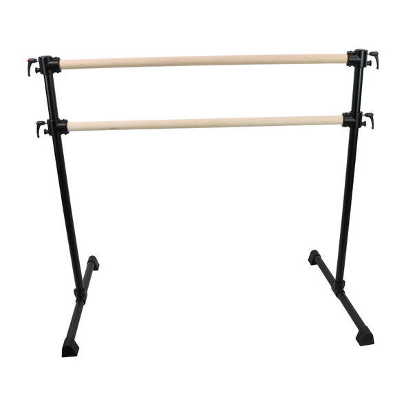 Dual-bar portable ballet barre with black metal frame and wooden rails, adjustable height for dance practice.