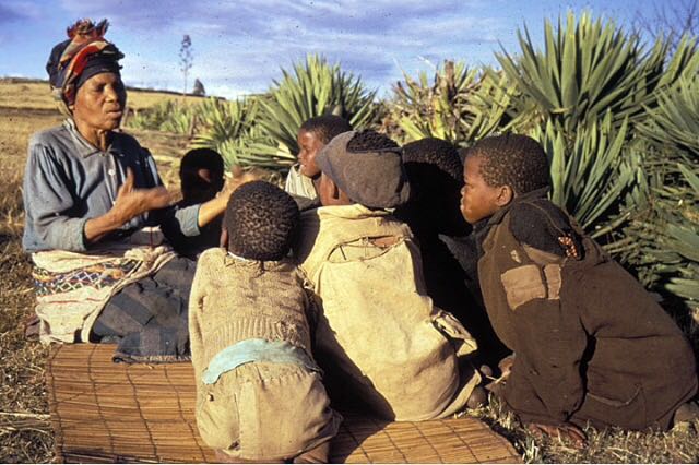 Elderly woman storytelling to a group of children seated on a mat outdoors, with spiky plants and open landscape in background.