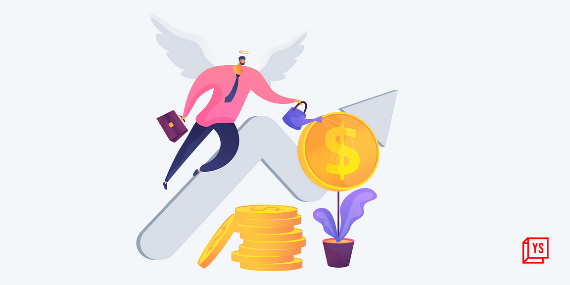 Angel investor watering a dollar-coin plant growing from stacked coins, symbolizing financial growth and investment.