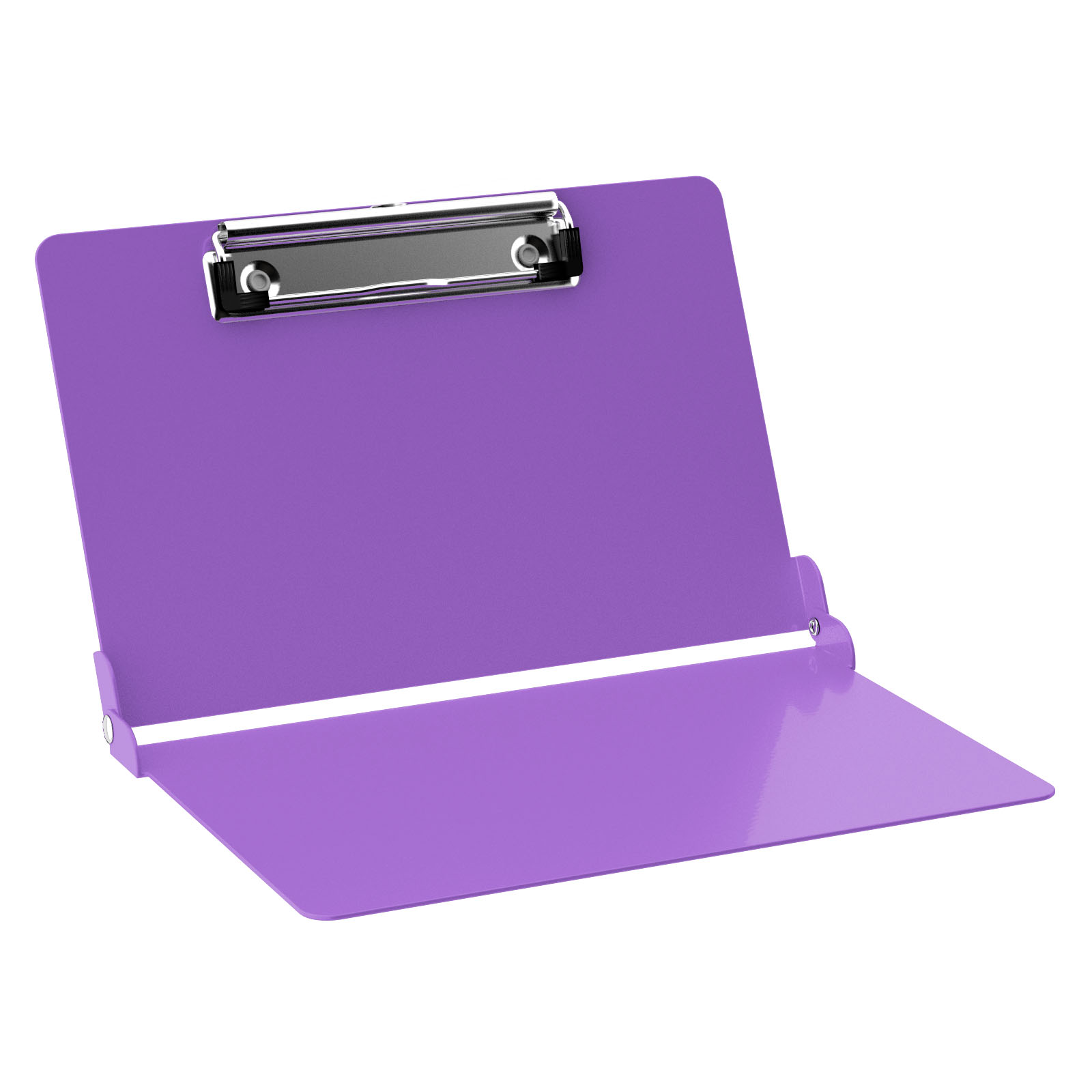 Purple foldable clipboard with chrome metal clip and black rubber grips, shown open at an angle on white background.