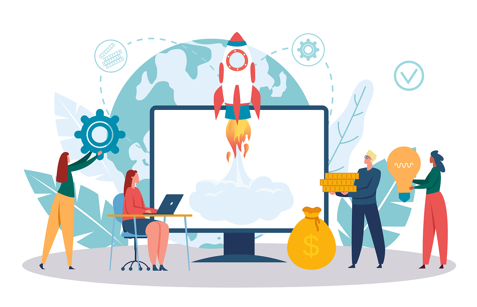 Team launching a digital project with rocket, globe, gear, money bag, and lightbulb icons around a large monitor.