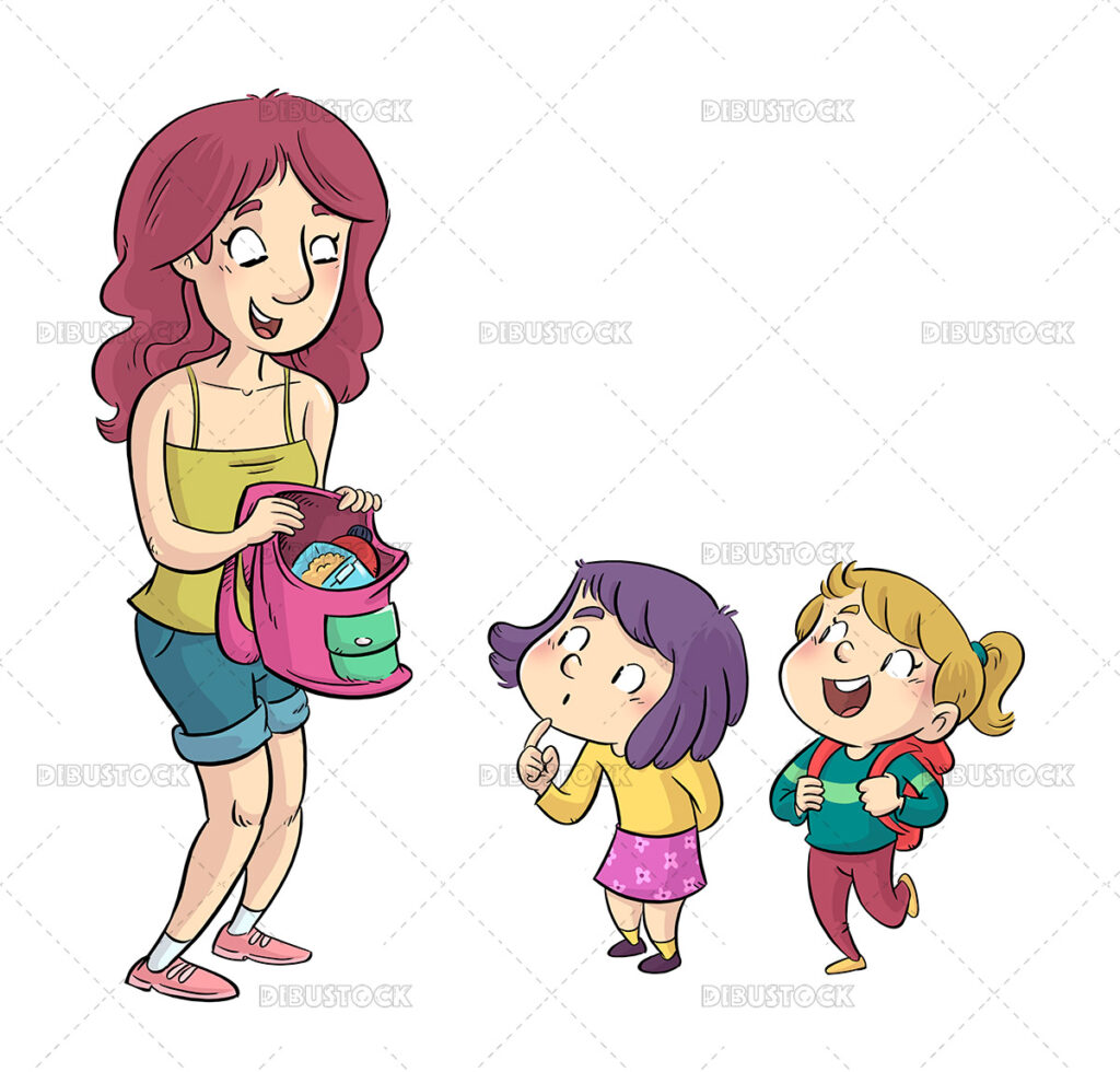A smiling woman packs a pink backpack while two cheerful children watch, one pointing thoughtfully and the other running excitedly.