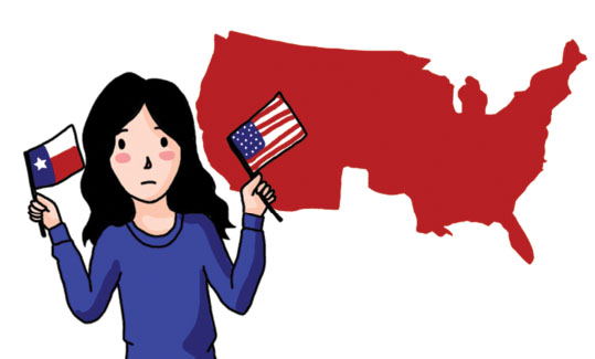 A woman holds Texas and U.S. flags in front of a red U.S. map, expressing concern about identity or belonging.