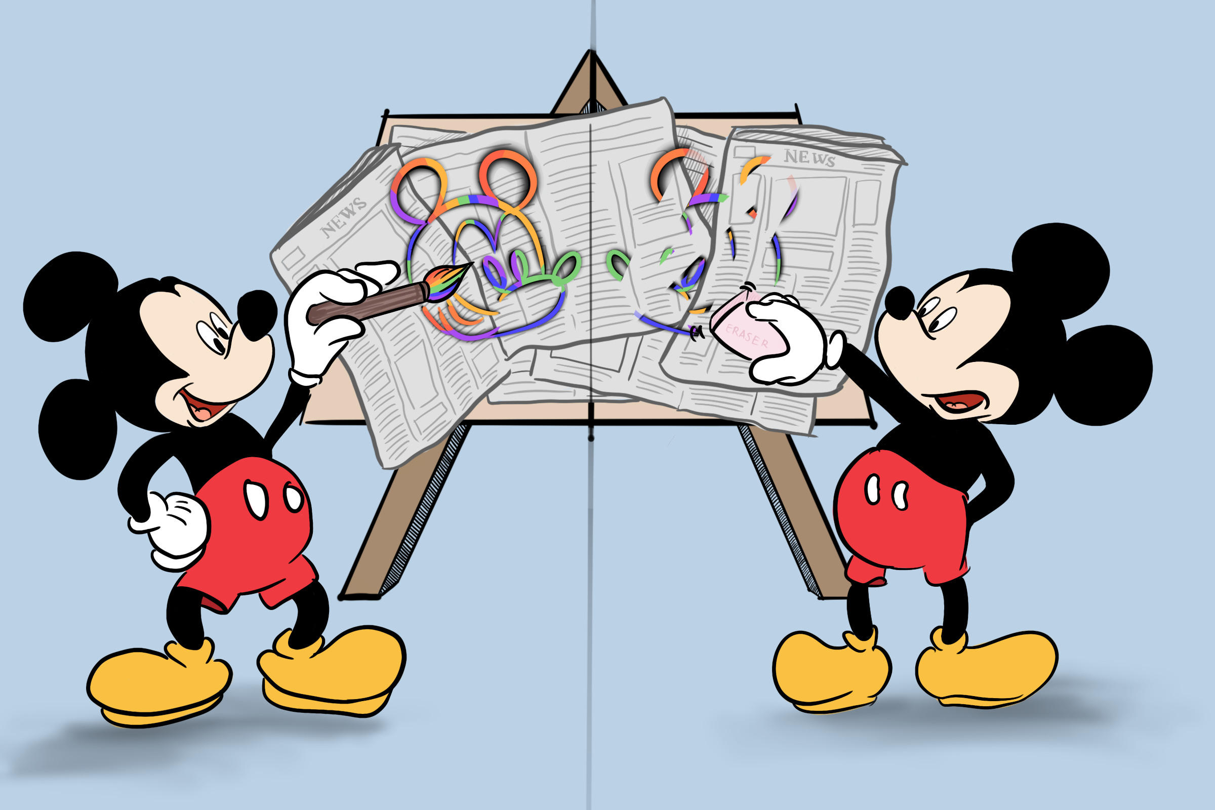 Two Mickey Mouse characters painting and erasing colorful abstract art on newspaper-covered easels.