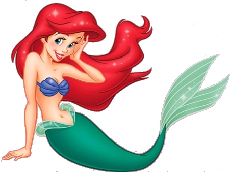 Ariel, the Disney mermaid with red hair, purple seashell top, and green tail, smiling playfully.