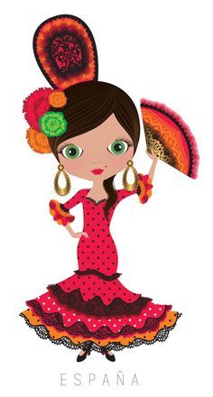 Stylized illustration of a flamenco dancer in traditional red polka-dot dress, floral hairpiece, and fan, labeled "ESPAÑA".