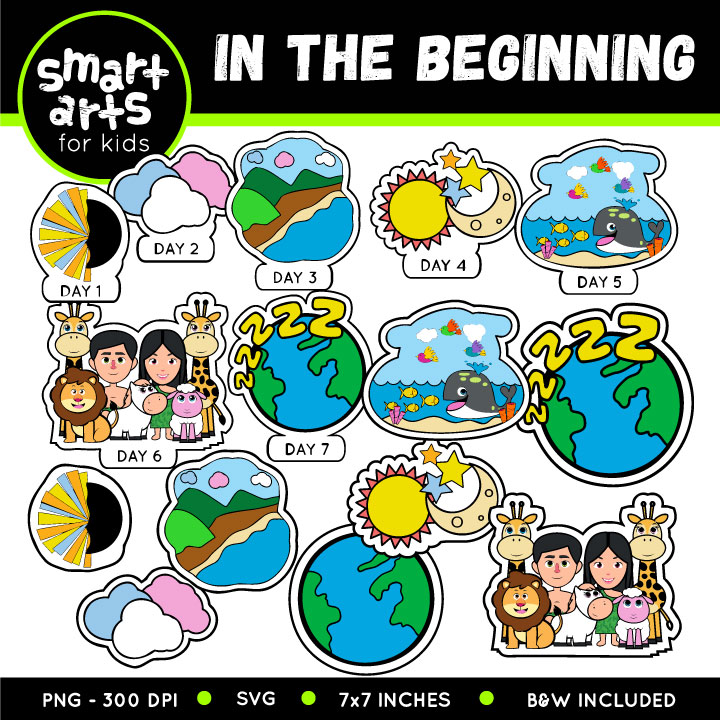 "In the Beginning" kids Bible story clipart set showing Creation Days 1-7 with colorful illustrations of Earth, sun, moon, animals, and Adam & Eve.