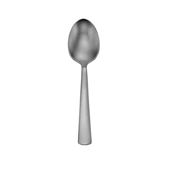 Stainless steel teaspoon with polished oval bowl and straight handle, isolated on white background.