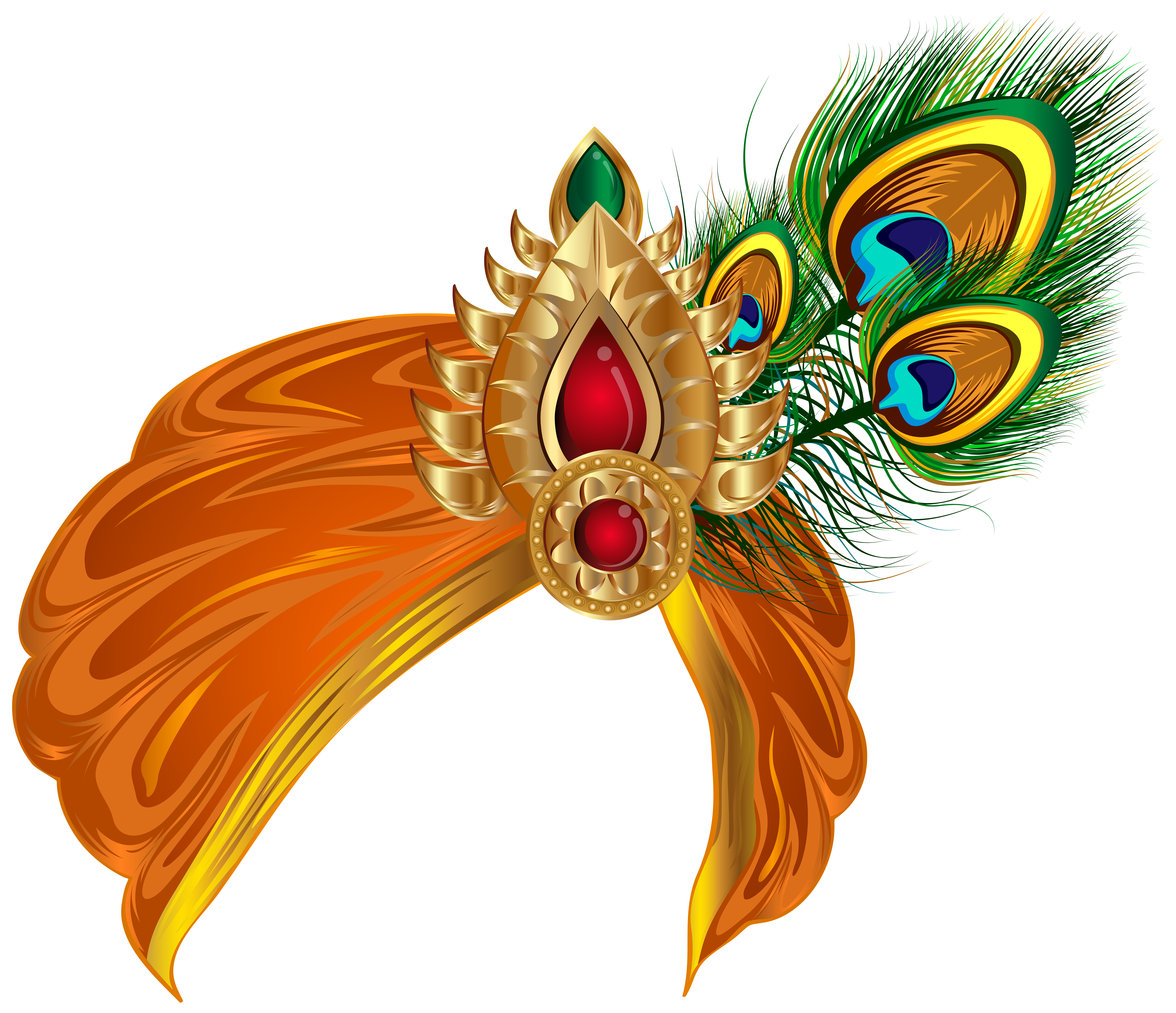 Ornate golden staff adorned with red and green gems, peacock feathers, and intricate filigree details.