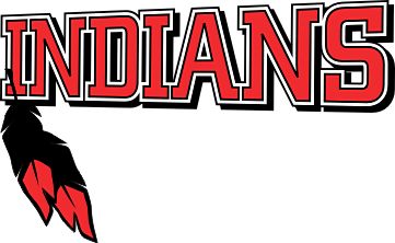 "Indians" logo in bold red letters with black outline and a red-and-black feather graphic on the left.