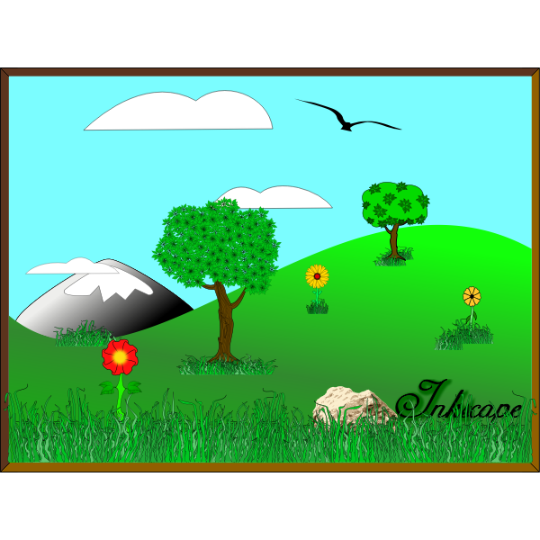 Serene cartoon landscape with green hills, trees, flowers, a mountain, clouds, and a flying bird under a blue sky.
