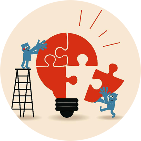 Two blue cartoon figures assembling a red lightbulb-shaped puzzle, symbolizing collaborative problem-solving and innovation.
