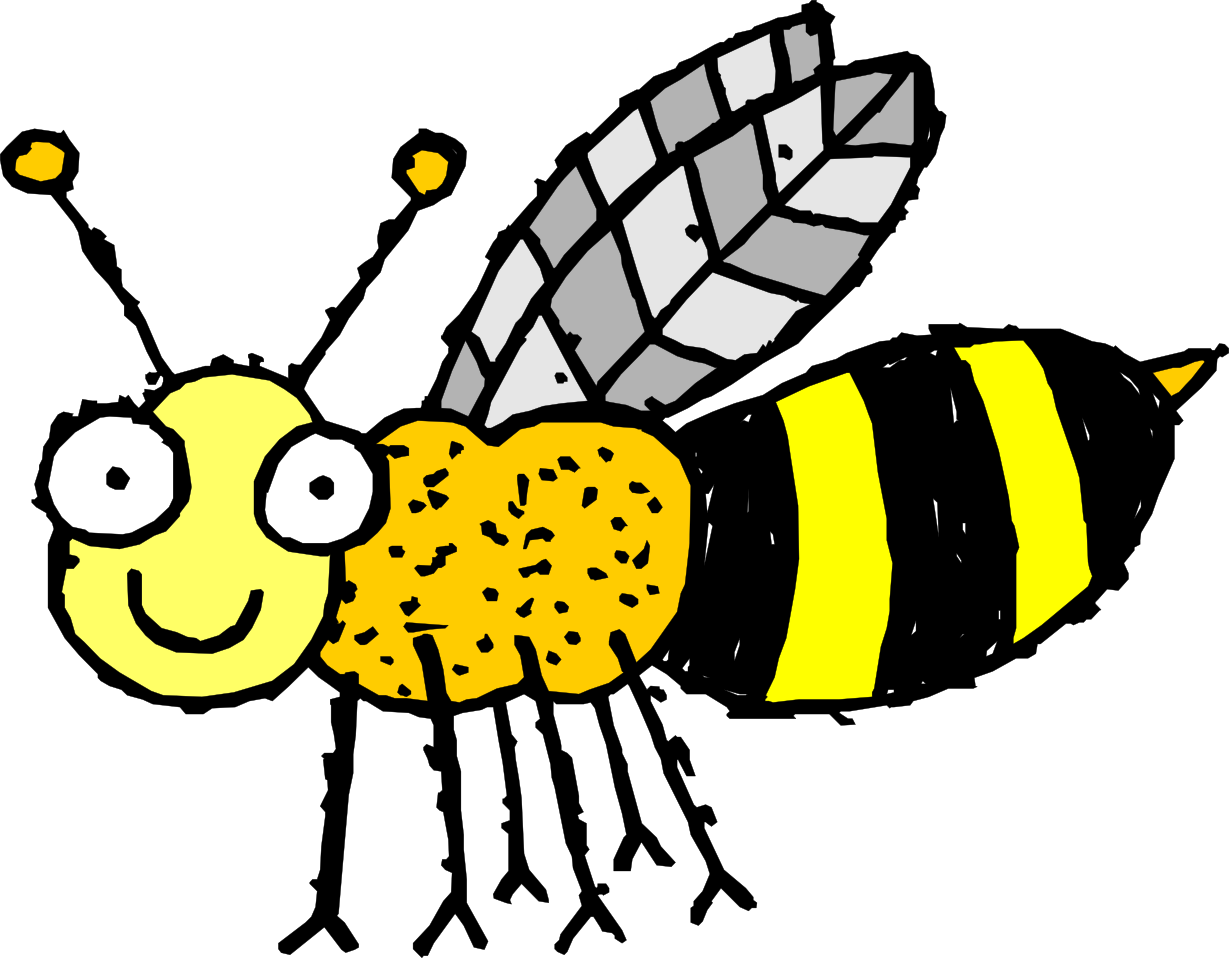 Cheerful cartoon bee with yellow head, striped abdomen, and patterned wings, smiling with big eyes and antennae.